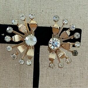 Vintage 1950s LERU Clear Rhinestone Floral Spray Clip On Earrings